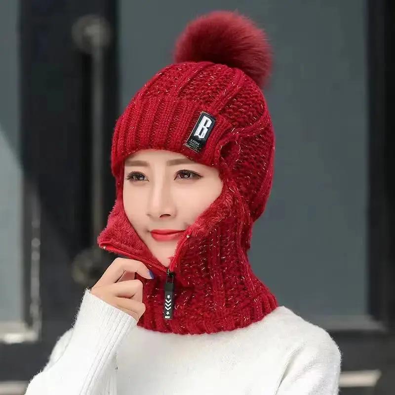 Wool Knitted Motorcycle Hat with Zipper Windproof Winter Outdoor Knit Thick Ear Protection Balaclava Cap Bicycle Motorcycle Mask