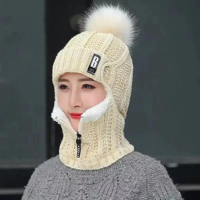 Wool Knitted Motorcycle Hat with Zipper Windproof Winter Outdoor Knit Thick Ear Protection Balaclava Cap Bicycle Motorcycle Mask