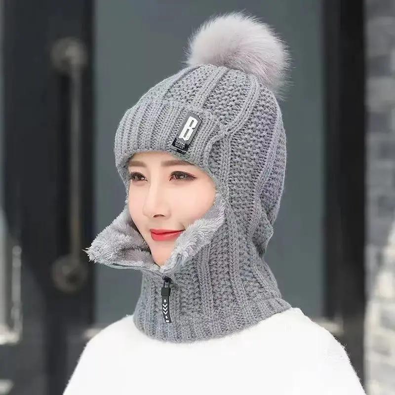 Wool Knitted Motorcycle Hat with Zipper Windproof Winter Outdoor Knit Thick Ear Protection Balaclava Cap Bicycle Motorcycle Mask