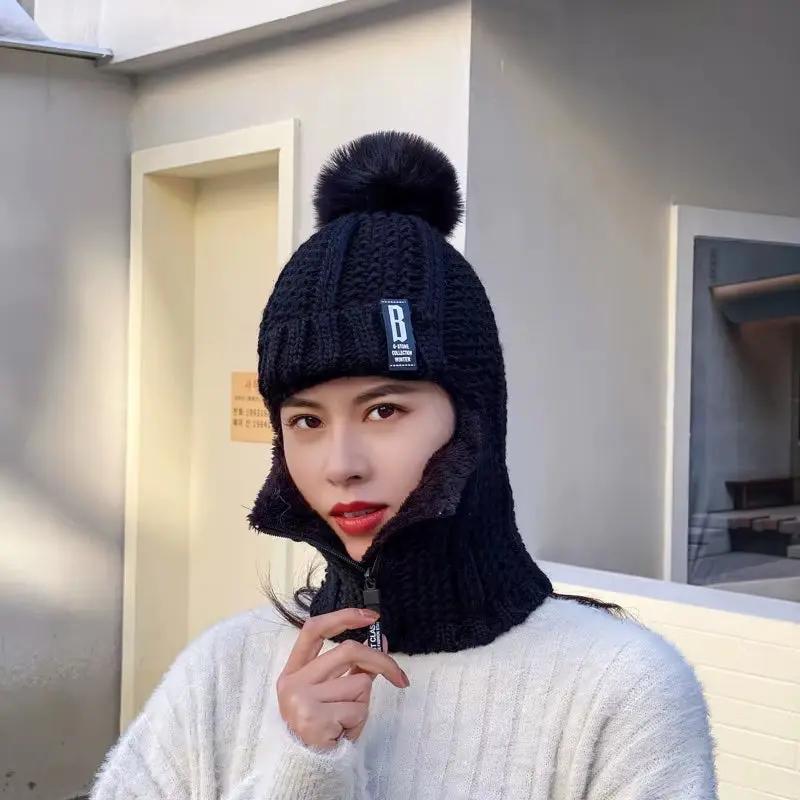 Wool Knitted Motorcycle Hat with Zipper Windproof Winter Outdoor Knit Thick Ear Protection Balaclava Cap Bicycle Motorcycle Mask